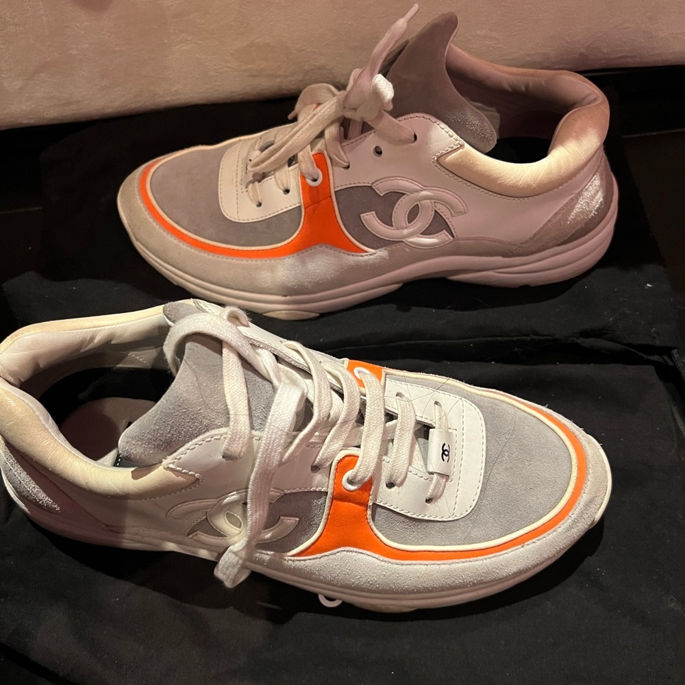 Chanel grey white orange leather sneakers size 39 1/2